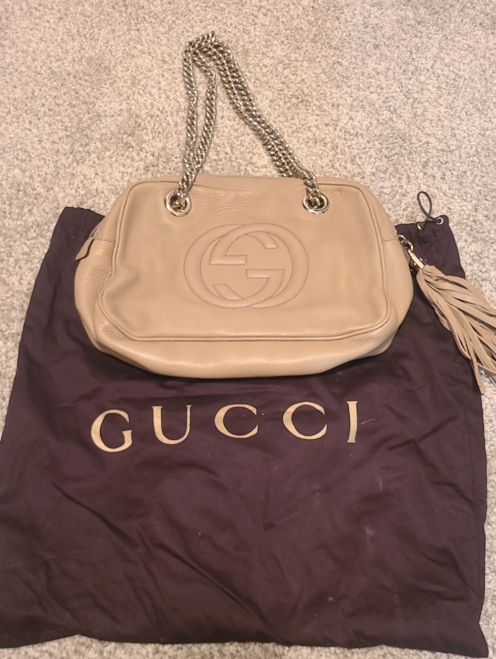 Gucci Taupe Leather Shoulder Bag with Chain Straps